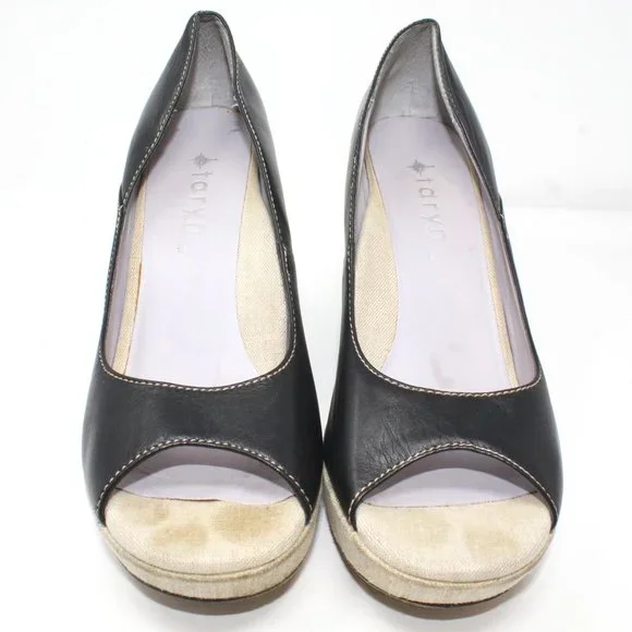 Taryn by Taryn Rose Size 9 Black Leather Linen Platform Wedge Peep Toe Heels - Picture 2 of 11
